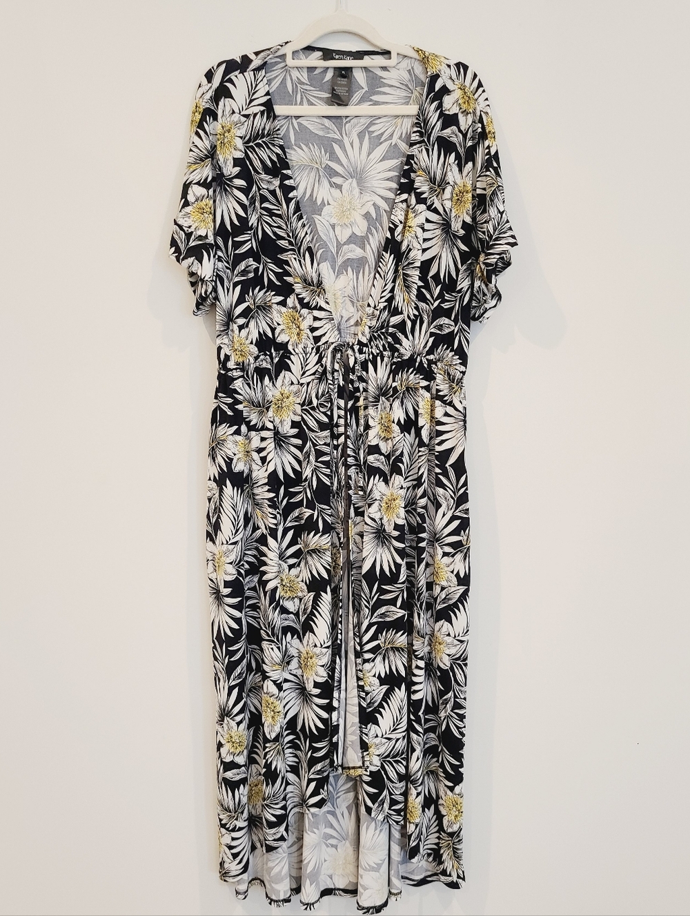 Karen Kane Tropical Print Tie Front Open Maxi Cardigan